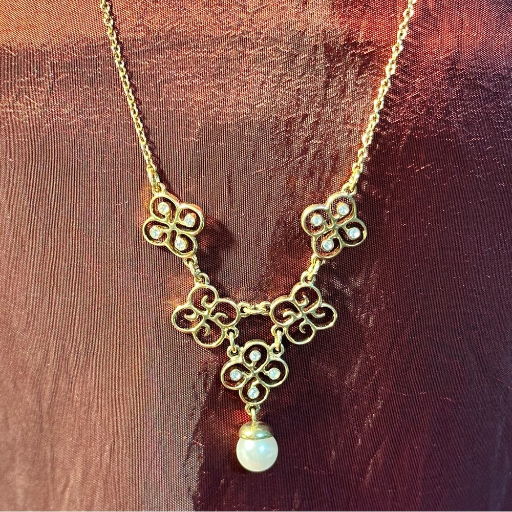 Goldtone Filigree Necklace with pearl and CZ